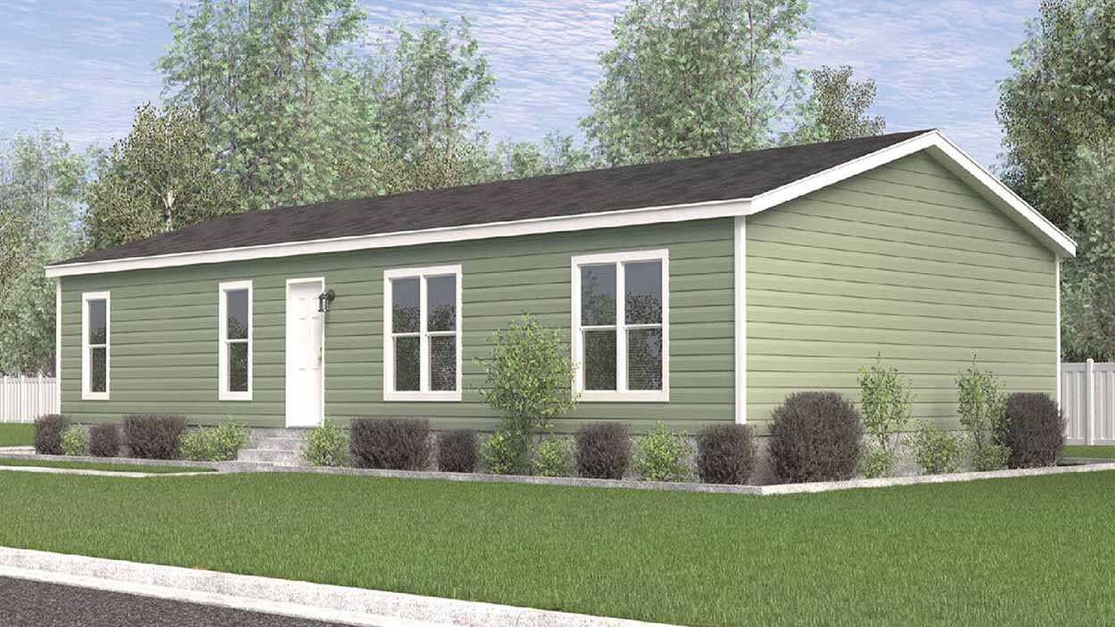 Phoenix 32563A manufactured home with white trim, surrounded by lush grass, shrubs, trees, and a classic white fence.