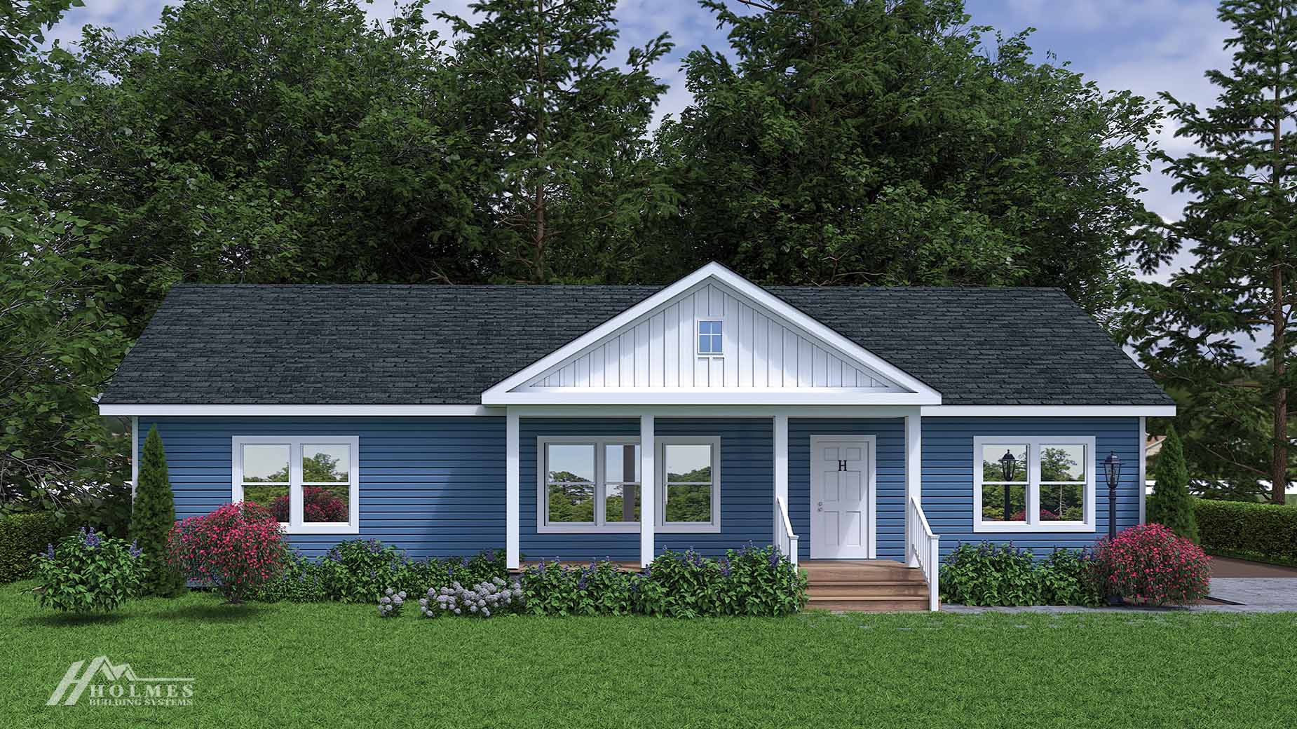 Blue single-story house with white trim, front porch, and shrubs; trees in the background enhance the inviting Mid Pines modular exterior.